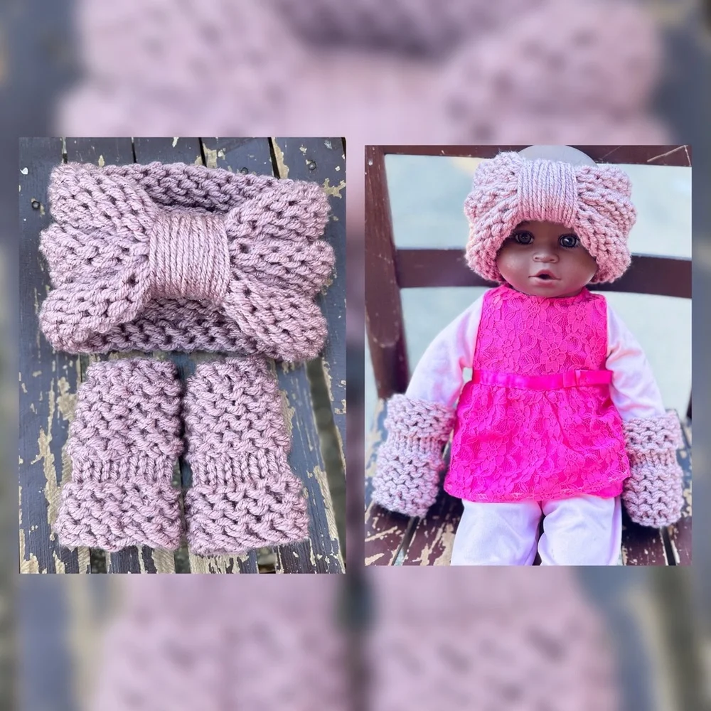 Hand Crafted Knit Baby Headband and Mittens set 0-3 months Sparkly Rose